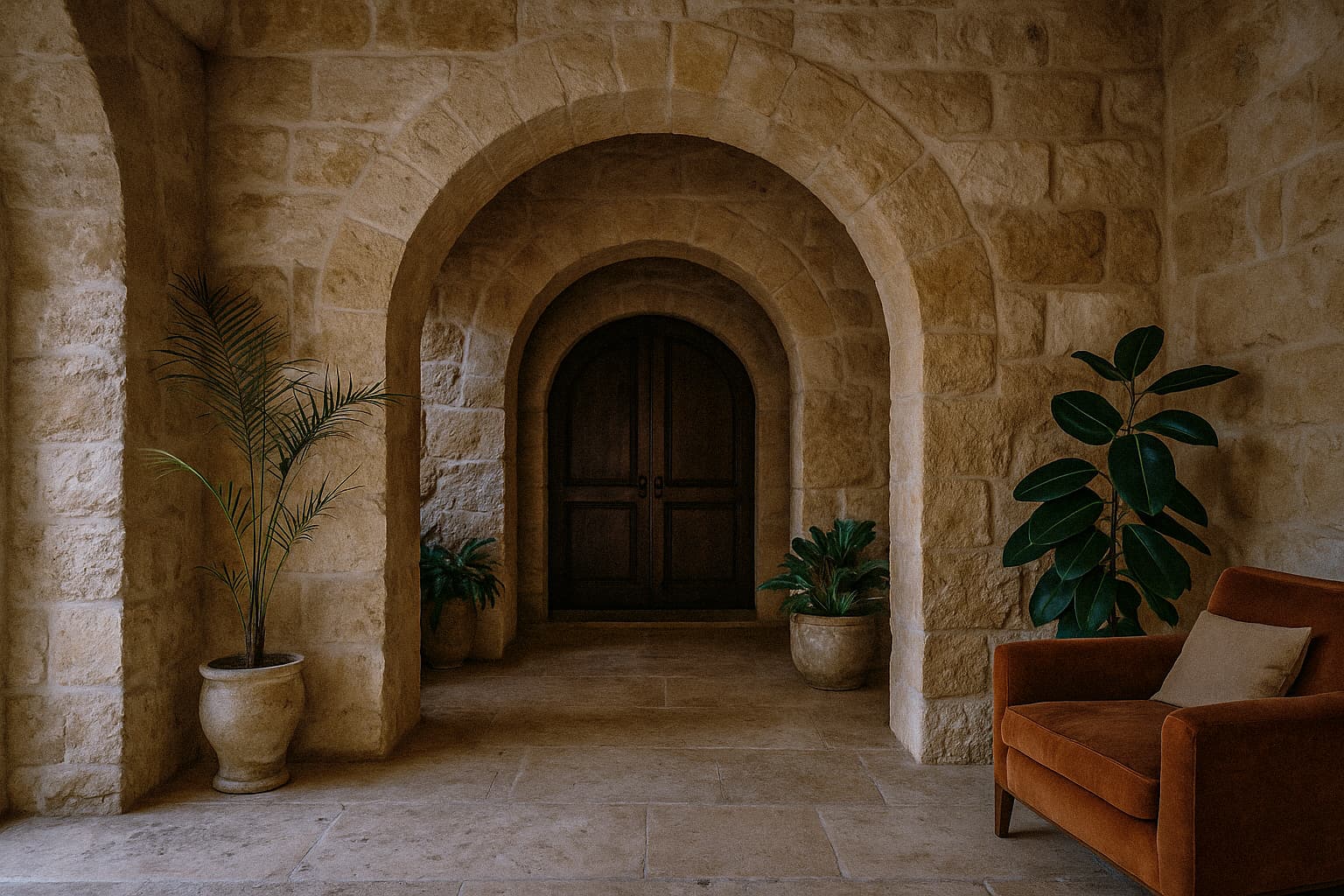 A limestone arch in a Jerusalem courtyard